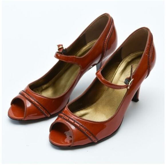 J.Crew Mary Jane Spectator Peep Toe Heels Size 8 in Ember Patent Leather Italy - Picture 2 of 6